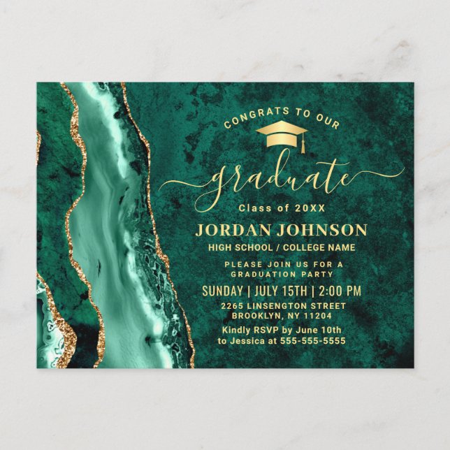 Moderne Gold Emerald Graduation Party Einladung Postkarte (Vorderseite)