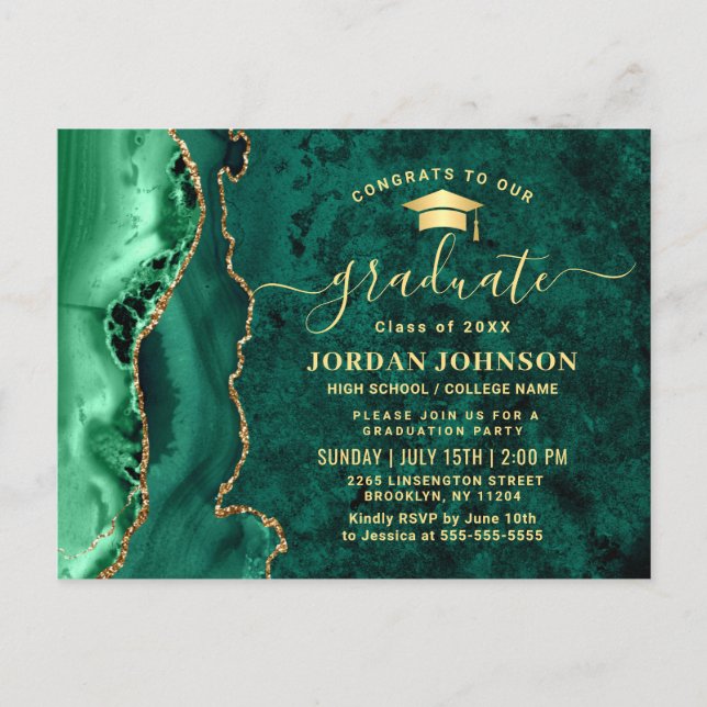 Moderne Gold Emerald Graduation Party Einladung Postkarte (Vorderseite)