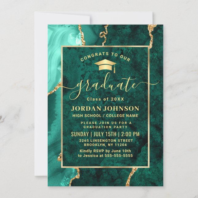Moderne Gold Emerald Green Marble Graduation Party Einladung (Vorderseite)