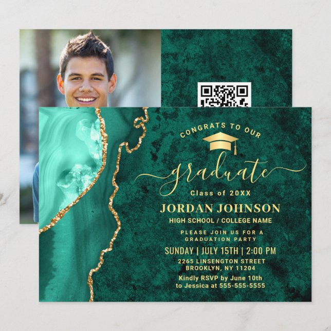 Moderne Gold Emerald Green Marble Graduation Party Einladung (Vorne/Hinten)