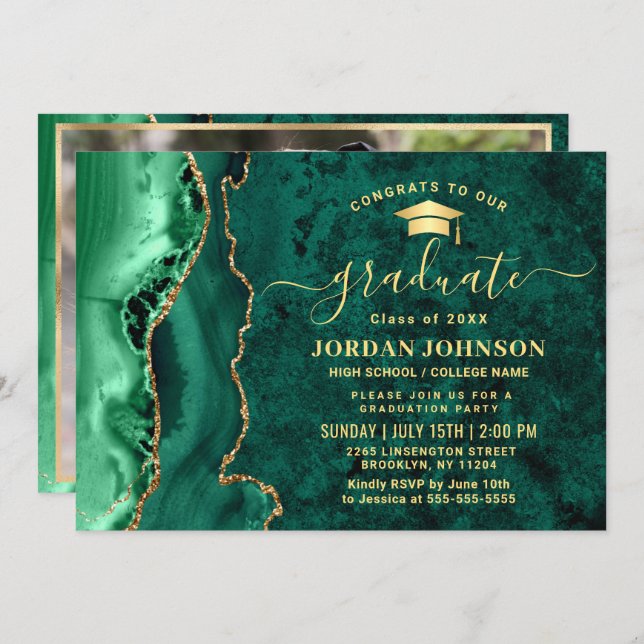 Moderne Gold Emerald Green Marble Graduation Party Einladung (Vorne/Hinten)