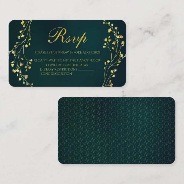 Moderne Gold Floral Green Wedding Rsvp Card Begleitkarte (Vorne/Hinten)