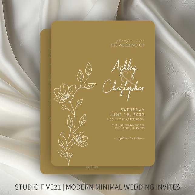 Moderne Gold Foliage Kontur All-in-One Hochzeit Einladung (Von Creator hochgeladen)