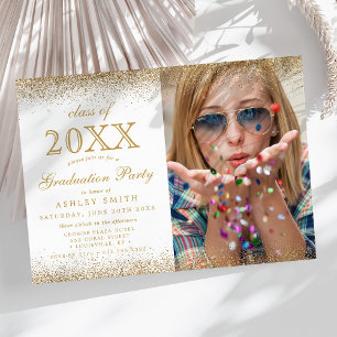 Moderne Gold Glitter auf weißem Foto-Abschluss Einladung
