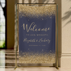 Moderne Gold Glitter Dunkelblaue Hochzeitsbegrüßun Banner