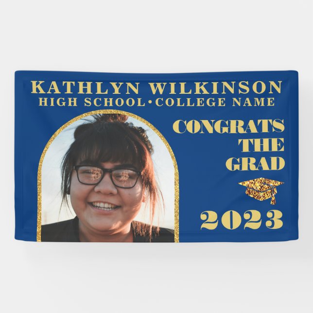 Moderne Gold Glitzer Arch Foto Graduation Party Banner (Horizontal)