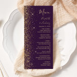 Moderne Gold Glitzer Dunkle Lila Hochzeit Menükarte<br><div class="desc">Die links Seite dieses eleganten,  modernen Hochzeitsmenüs besticht durch das Design eines vergoldeten Glitzer mit Imitaten. Der anpassbare Text kombiniert goldfarbene Handschrift,  Copperplate und kursive Schriftart auf einem dunklen lila Hintergrund. Auf der Rückseite ist ein lila und goldener Glitzer in einem passenden Design.</div>