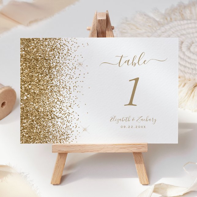 Moderne Gold Glitzer Edge White Wedding Tischnummer (Von Creator hochgeladen)