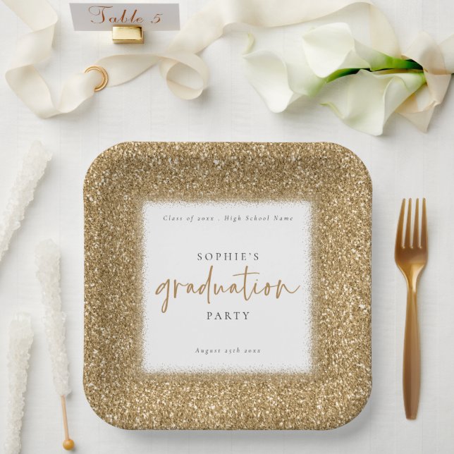 Moderne Gold Glitzer Name Graduation Party White Pappteller (Hochzeit)