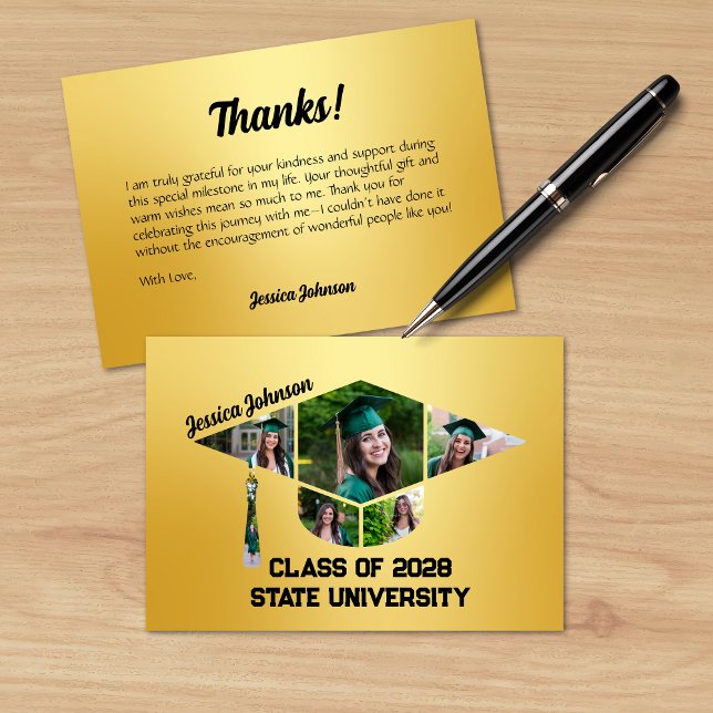 Moderne Gold Graduation Cap Form Foto Collage Dankeskarte (Modern Gold Graduation Shape Photo Collage Thank You Card)