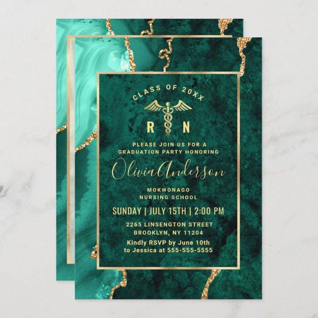 Moderne Gold Green Nursing School Graduation Party Einladung (Vorne/Hinten)