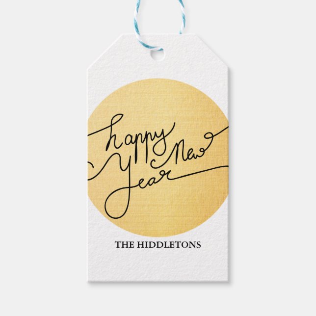Moderne Gold Happy New Year Typografie Geschenkanhänger (Vorderseite)