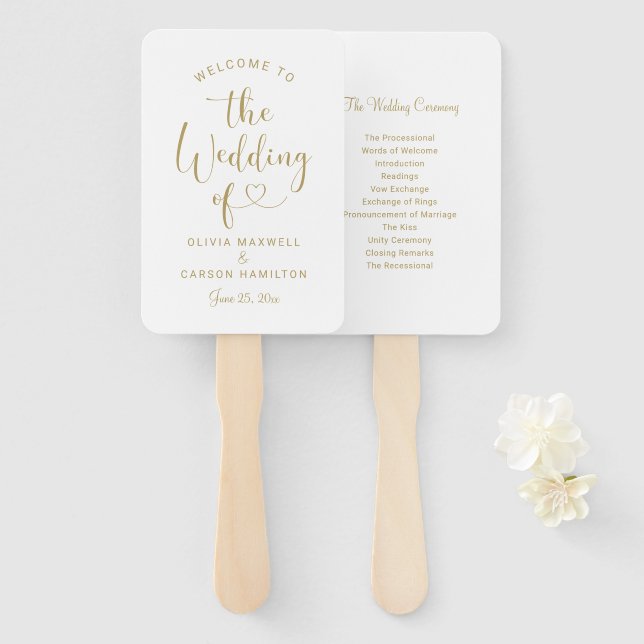 Moderne Gold Heart Script Hochzeit Begrüßung Fächer (Vorne und Hinten)