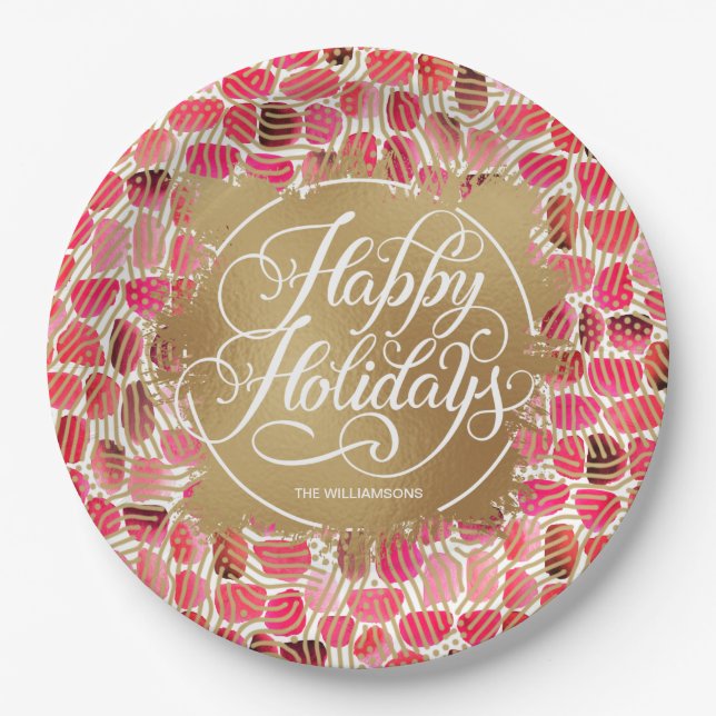 Moderne Gold Imitate Foil Happy Holidays Berry Pappteller (Vorderseite)
