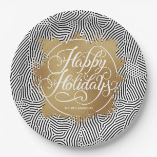 Moderne Gold Imitate Foil Happy Holidays Black Pappteller
