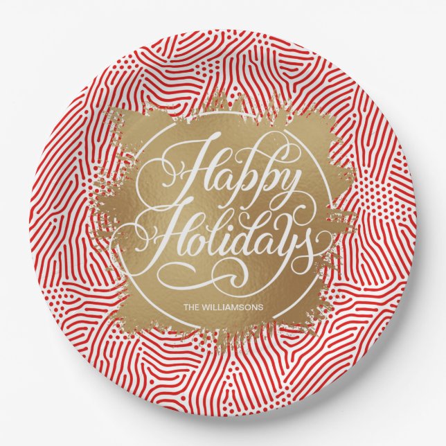 Moderne Gold Imitate Foil Happy Holidays Red Pappteller (Vorderseite)