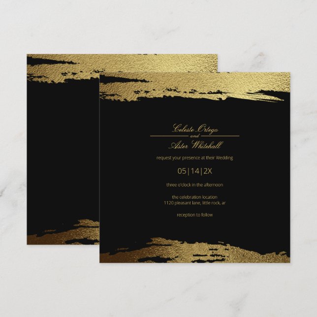 Moderne Gold Imitate Foil Paint Stroke Black Weddi Einladung (Vorne/Hinten)