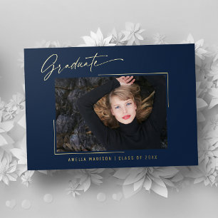 Moderne Gold Ink Script Navy Blue Foto Grad Card Folieneinladung