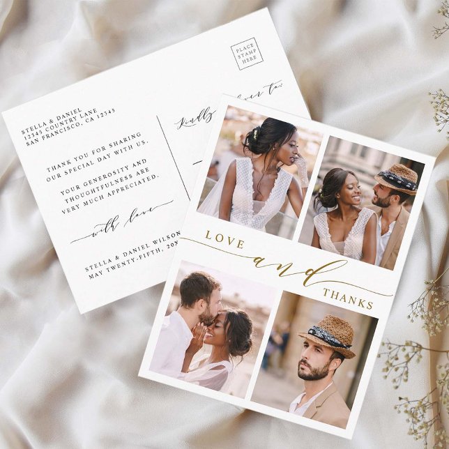 Moderne Gold Liebe & Danke 4 Foto Wedding Vielen D Postkarte (Front & Back)