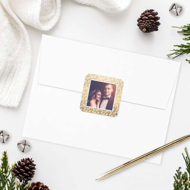 Moderne Gold-Liebe in Script-Wedding-Foto Quadratischer Aufkleber (Von Creator hochgeladen)