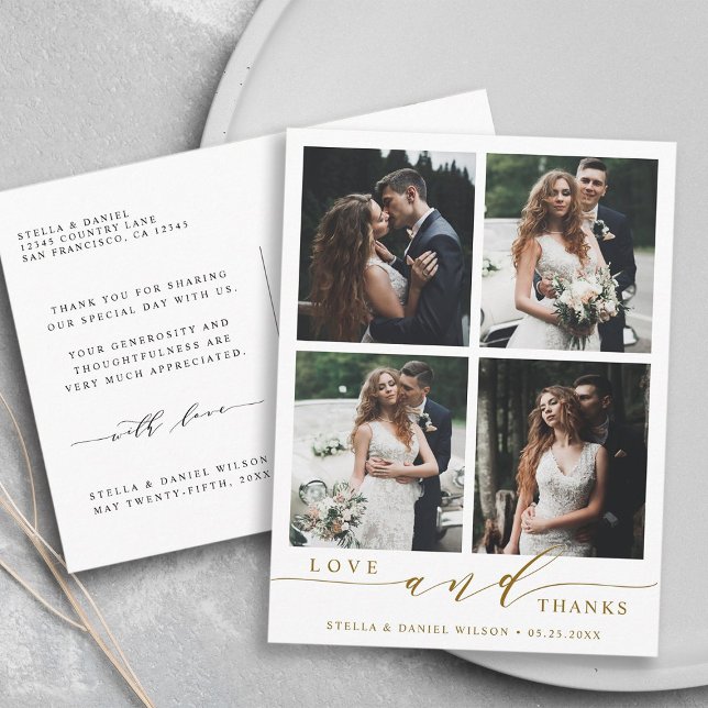 Moderne Gold Liebe und danke 4 Foto Wedding Vielen Postkarte (Front & Back)