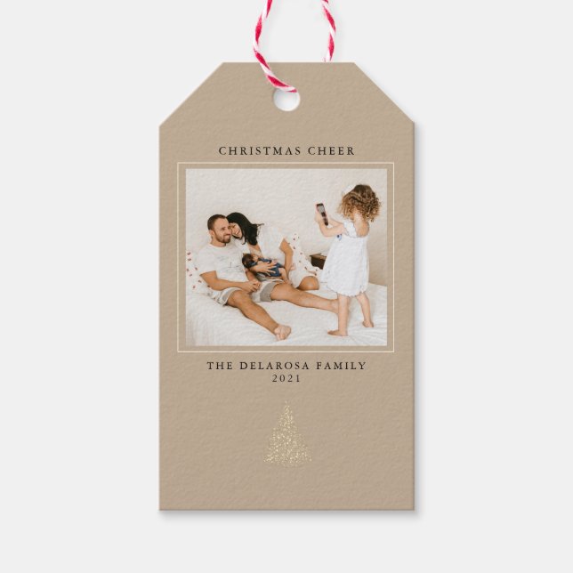 Moderne Gold-Lit Tree Foto Weihnachtsmann Kraft Geschenkanhänger (Vorderseite)