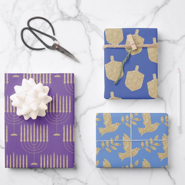Moderne Gold Menorah Dreidel Olive Branch Dove Geschenkpapier Set (Vorderseite)