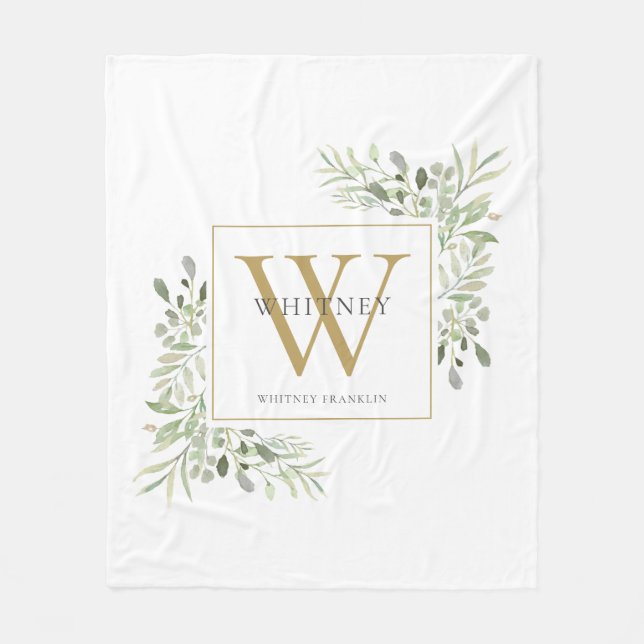 Moderne Gold Monogram Greenery Floral Fleecedecke (Vorderseite)