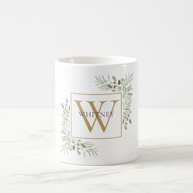 Moderne Gold Monogram Greenery Floral Kaffeetasse (Mittel)