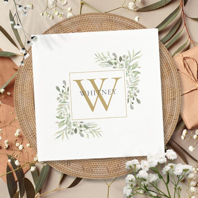 Moderne Gold Monogram Greenery Floral Napkins Serviette (Modern Gold Monogram Greenery Floral Napkins)