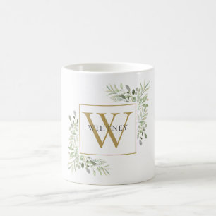 Moderne Gold-Monogramm-Grünpflanzen-Blumen Kaffeetasse