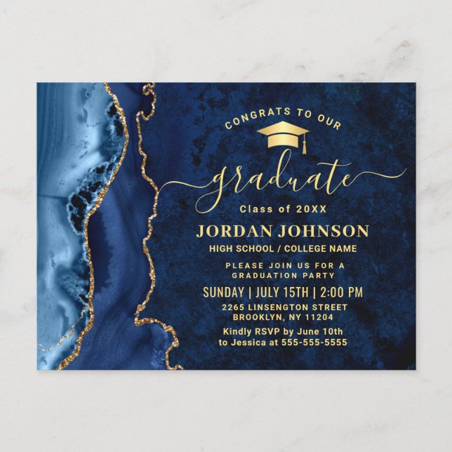 Moderne Gold Navy Blue Graduation Party Einladung Postkarte (Vorderseite)