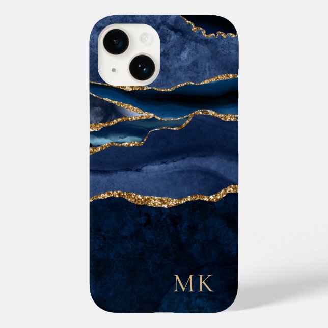Moderne Gold & Navy Marble Agate Monogram Case Mat (Rückseite)