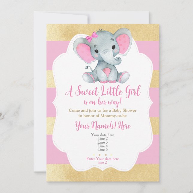 Moderne Gold Pink Baby Girl Elefant Einladung (Vorderseite)