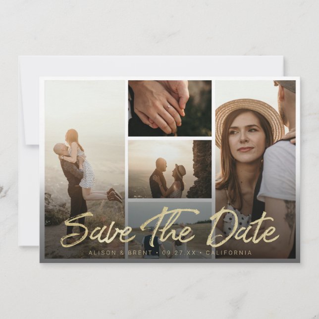 Moderne Gold Pinselschrift Typografie mit Bildern Save The Date (Vorderseite)