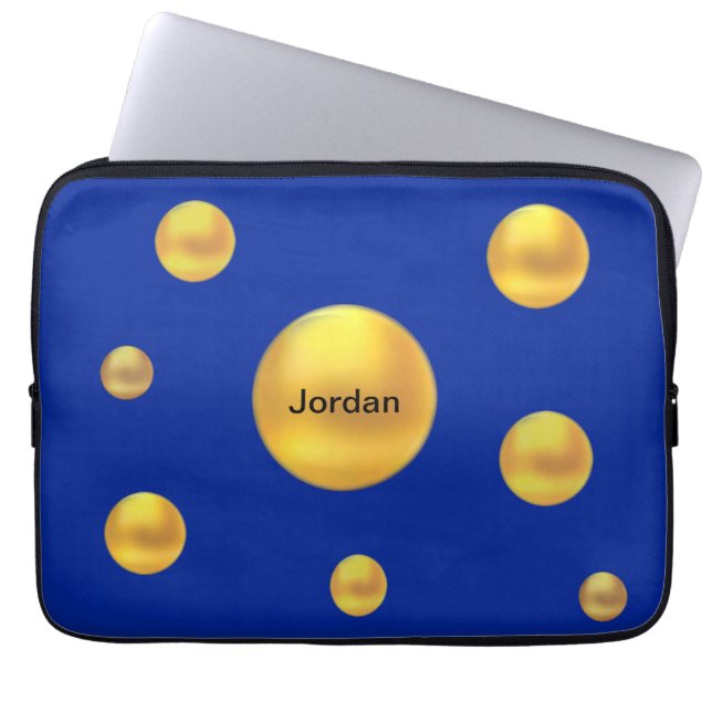 Moderne Gold Polka Dots auf blau Laptopschutzhülle (Vorderseite)