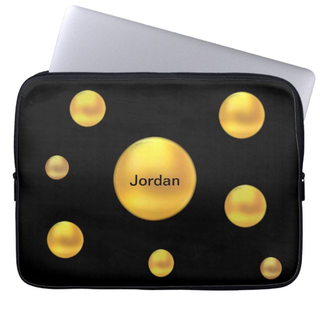 Moderne Gold Polka Punkte auf schwarz Laptopschutzhülle (Vorderseite)