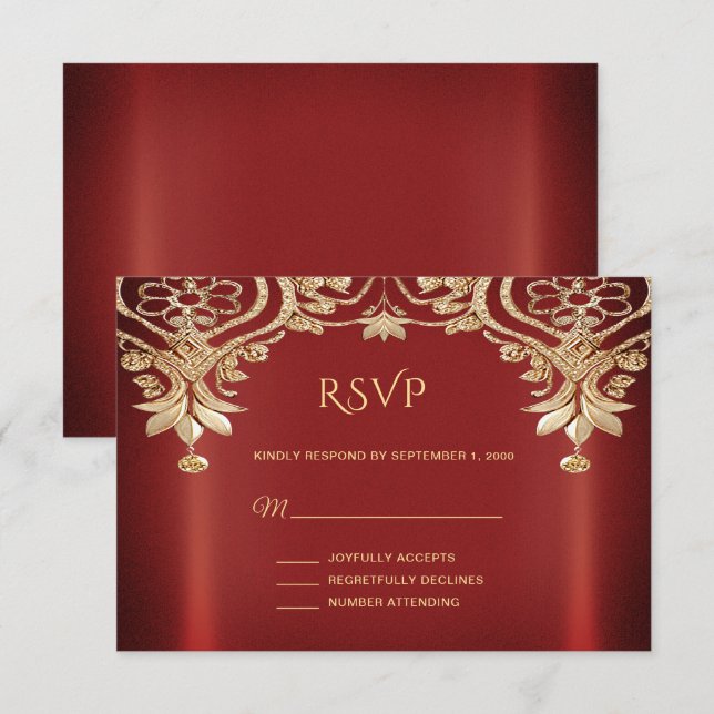 Moderne Gold Red Floral RSVP Karte (Vorne/Hinten)