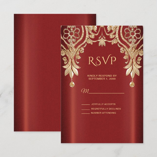 Moderne Gold Red Floral RSVP Karte (Vorne/Hinten)