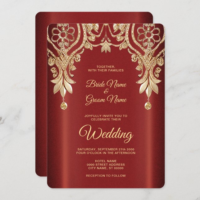 Moderne Gold Red Floral Wedding Einladung (Vorne/Hinten)