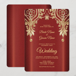 Moderne Gold Red Floral Wedding Einladung