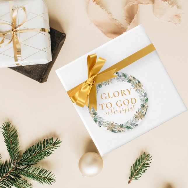 Moderne Gold Religiöse Weihnachtsgeschenke an Gott Geschenkanhänger (Modern religious Christmas gift tag with Glory to God Bible verse and wreath of winter greenery)