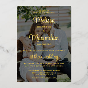 Moderne Gold-Schrift 2 Fotos Hochzeit Folien-Einla Folieneinladung