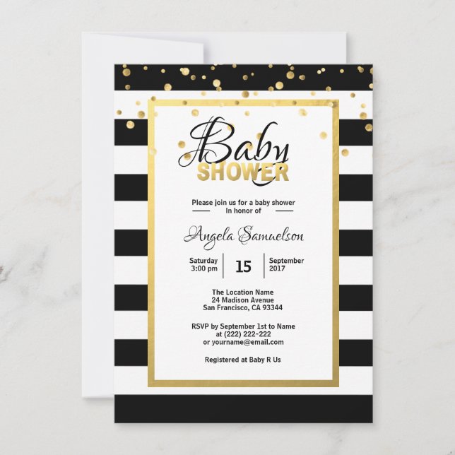 Moderne Gold Schwarz-weiß Stripes Babydusche Einladung (Vorderseite)