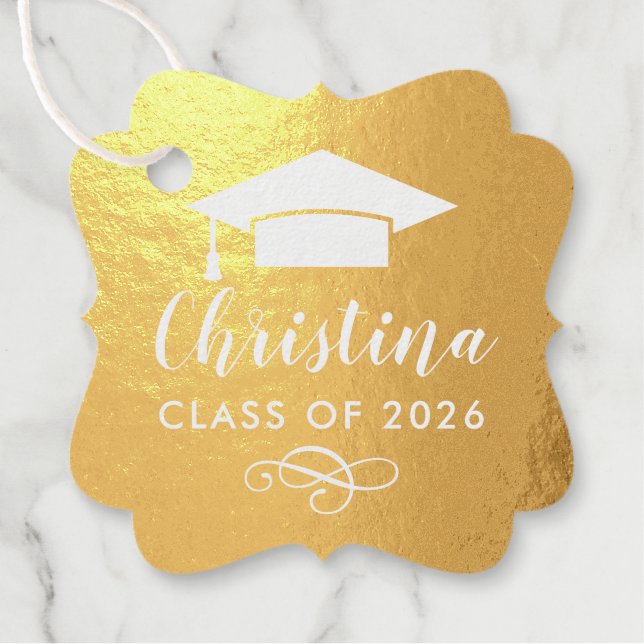 Moderne Gold Script Custom Foto Graduation Party Geschenkanhänger (Vorderseite)