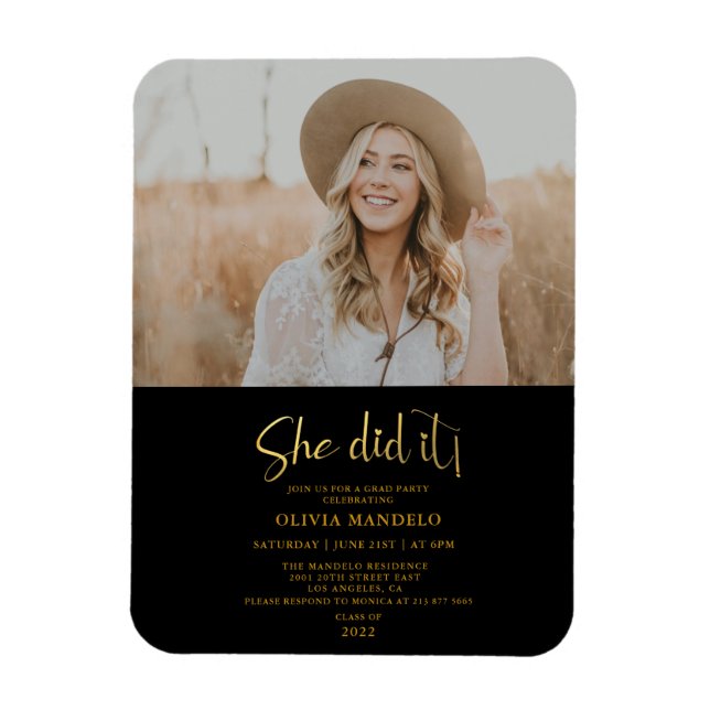 Moderne Gold Script Grad Party Foto Einladung Ma Magnet (Vertikal)