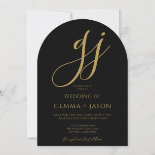 Moderne Gold Script Initials Monogram Black Weddin Einladung