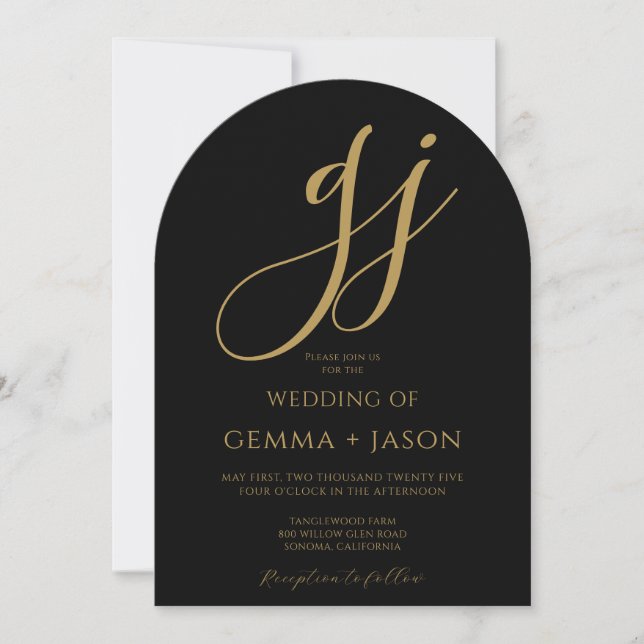 Moderne Gold Script Initials Monogram Black Weddin Einladung (Vorderseite)