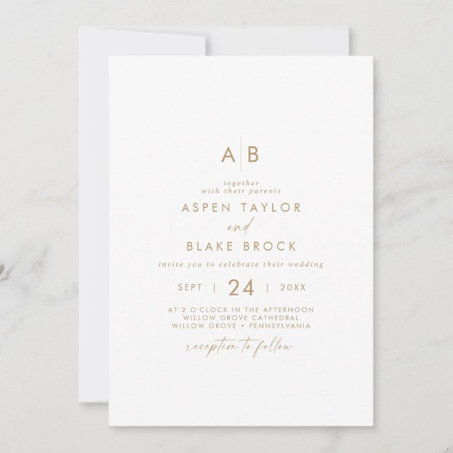 Moderne Gold Script Monogram Wedding Einladung (Vorderseite)