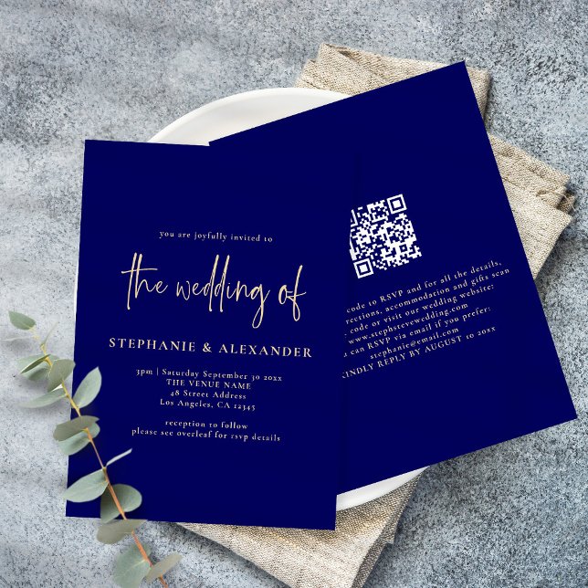 Moderne Gold Script Navy Blue QR Code Hochzeit Einladung (Von Creator hochgeladen)